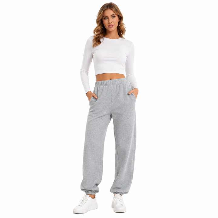 Micro-elastic gray pants with fleece lining for women, made for daily comfort, clean movement and soft winter warmth fit now.