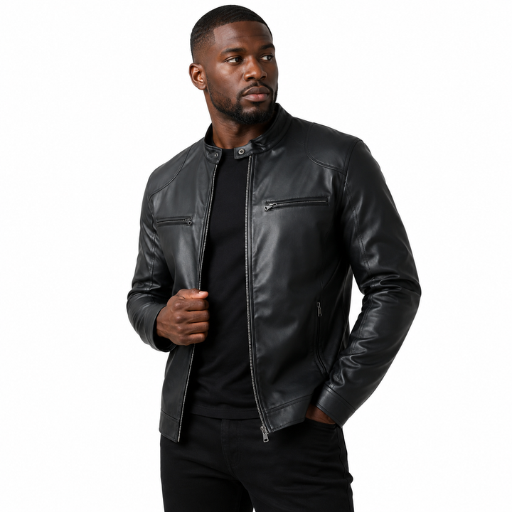.Black mens leather jacket with genuine leather shell, stand-up collar, slim modern fit and zip front for polished daily wear.