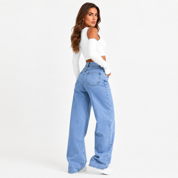Womens high waisted jeans with wide leg cut, pocket detail and structured denim feel for polished casual outfits daily style.