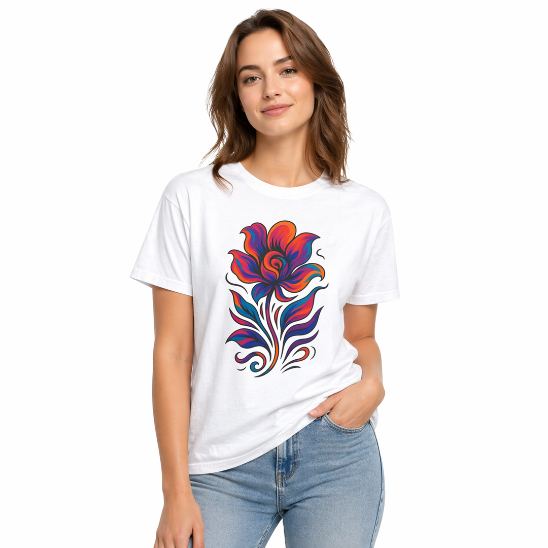 Close-up of botanical graphic tee artwork showing soft floral detail on cotton fabric