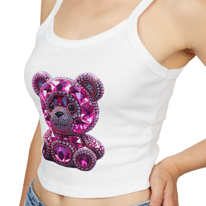 White tank top with a pink teddy bear design featuring crystals.