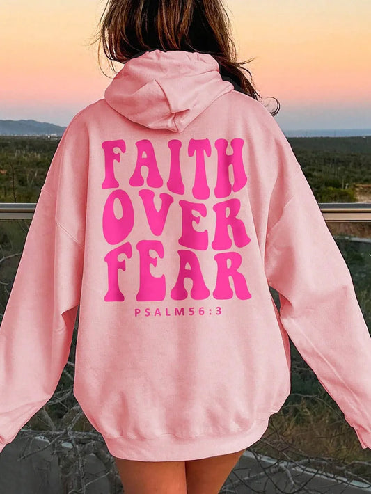 faith over fear hoodie side view dropped shoulder seam and relaxed sleeve length detail for oversized women street style
