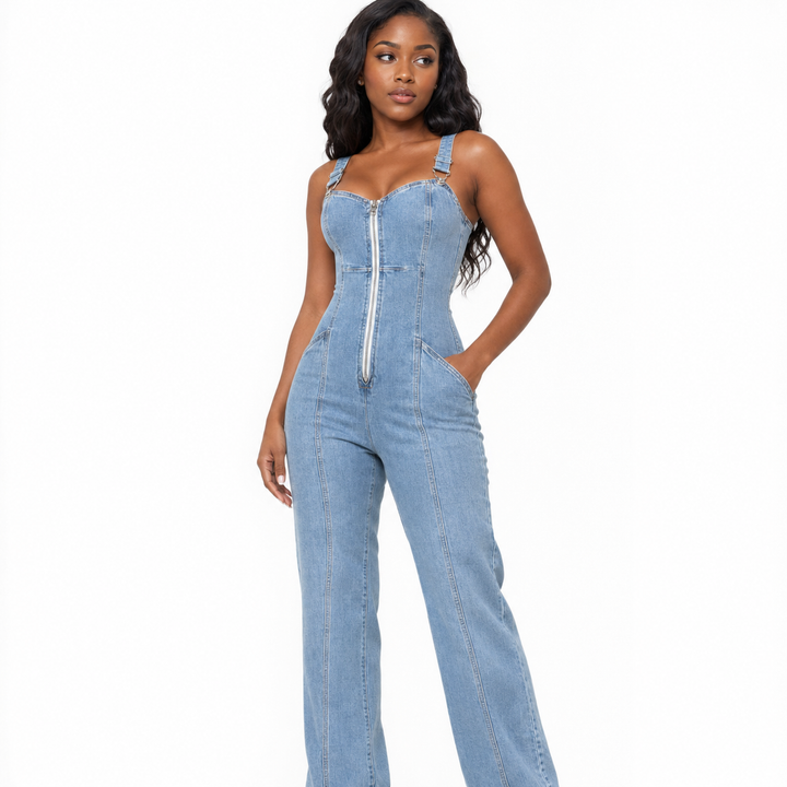 Patchwork denim jumpsuit for women in a confident standing pose showing the sleeveless cut, front zipper and easy regular fit

