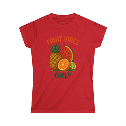 Red women's tee with tropical fruit graphic