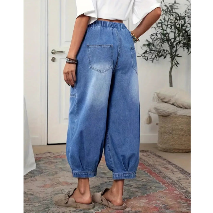 Relaxed barrel-leg denim capri pants shown from waist to hem