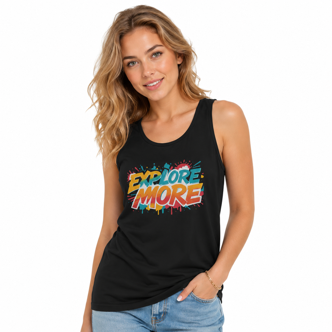 Black unisex tank top showing neat stitching and long-lasting print detail