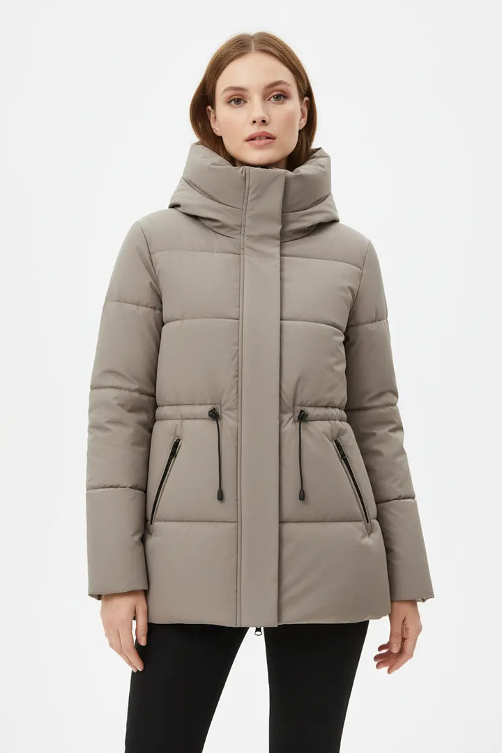 women’s mid-length hooded cotton coat brown side profile waist cinching silhouette cold weather styling