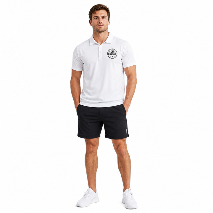 White soccer polo shirt for men with button collar, chest soccer graphic, short sleeves and clean athletic casual style shown