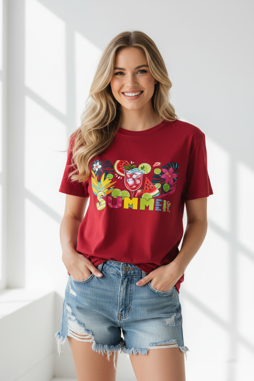Model wearing beach party t-shirt with denim shorts under bright summer sunlight