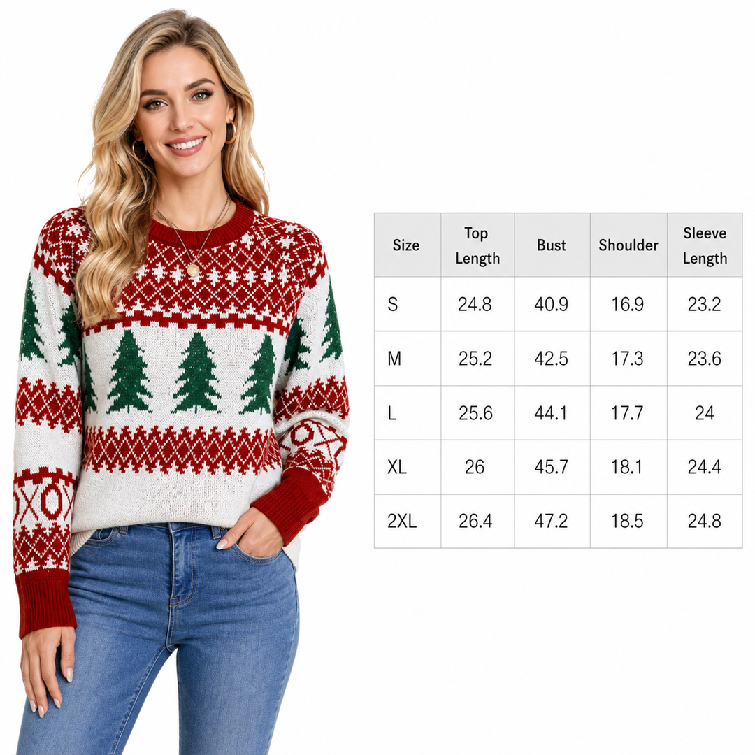 Christmas tree sweater for women showing festive pattern, round neckline and ribbed finish for parties and family gatherings.
