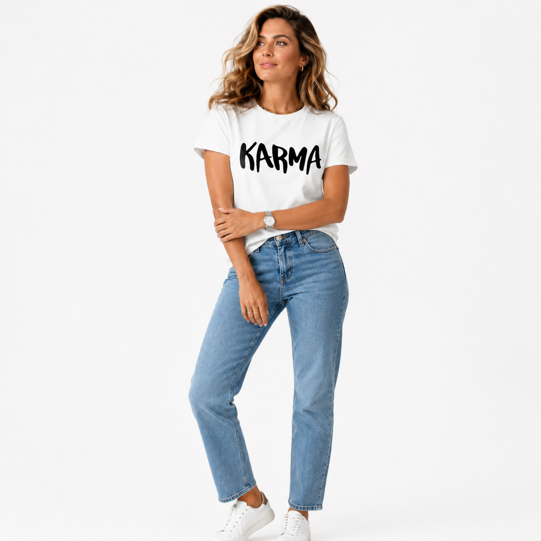 Karma graphic T-shirt for women in white, featuring a relaxed plus-size cut, printed front details, and casual denim styling.