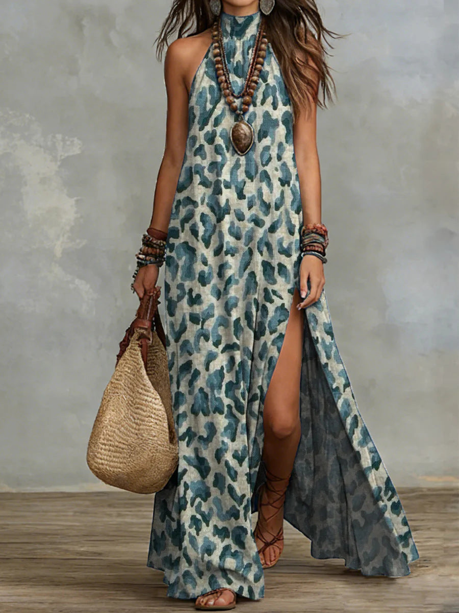 Womens pink maxi dress with halter neckline, relaxed waist and lightweight look for vacation, dancing and casual outfits