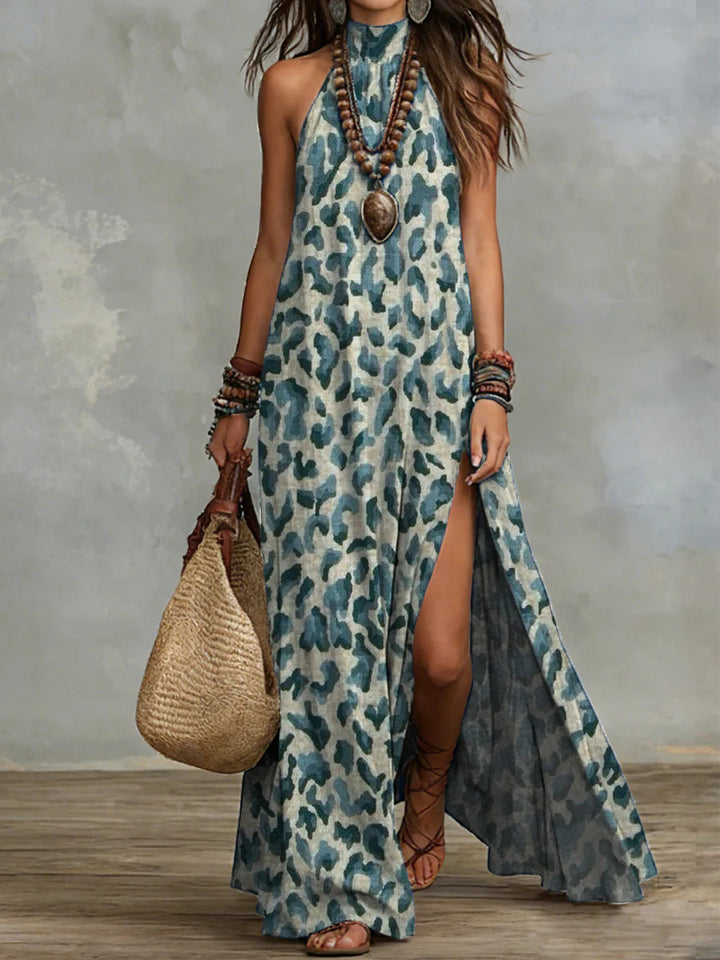 Womens pink maxi dress with halter neckline, relaxed waist and lightweight look for vacation, dancing and casual outfits