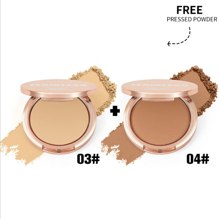 Two compact powders with color swatches and text indicating free pressed powder offer on a white background.