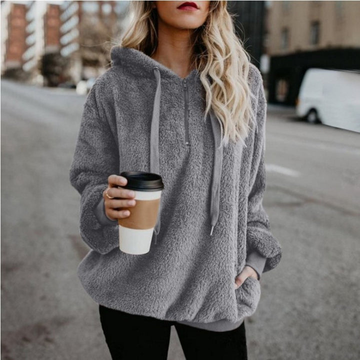 women’s fleece hoodie sleeve length proportion detail natural pose context
