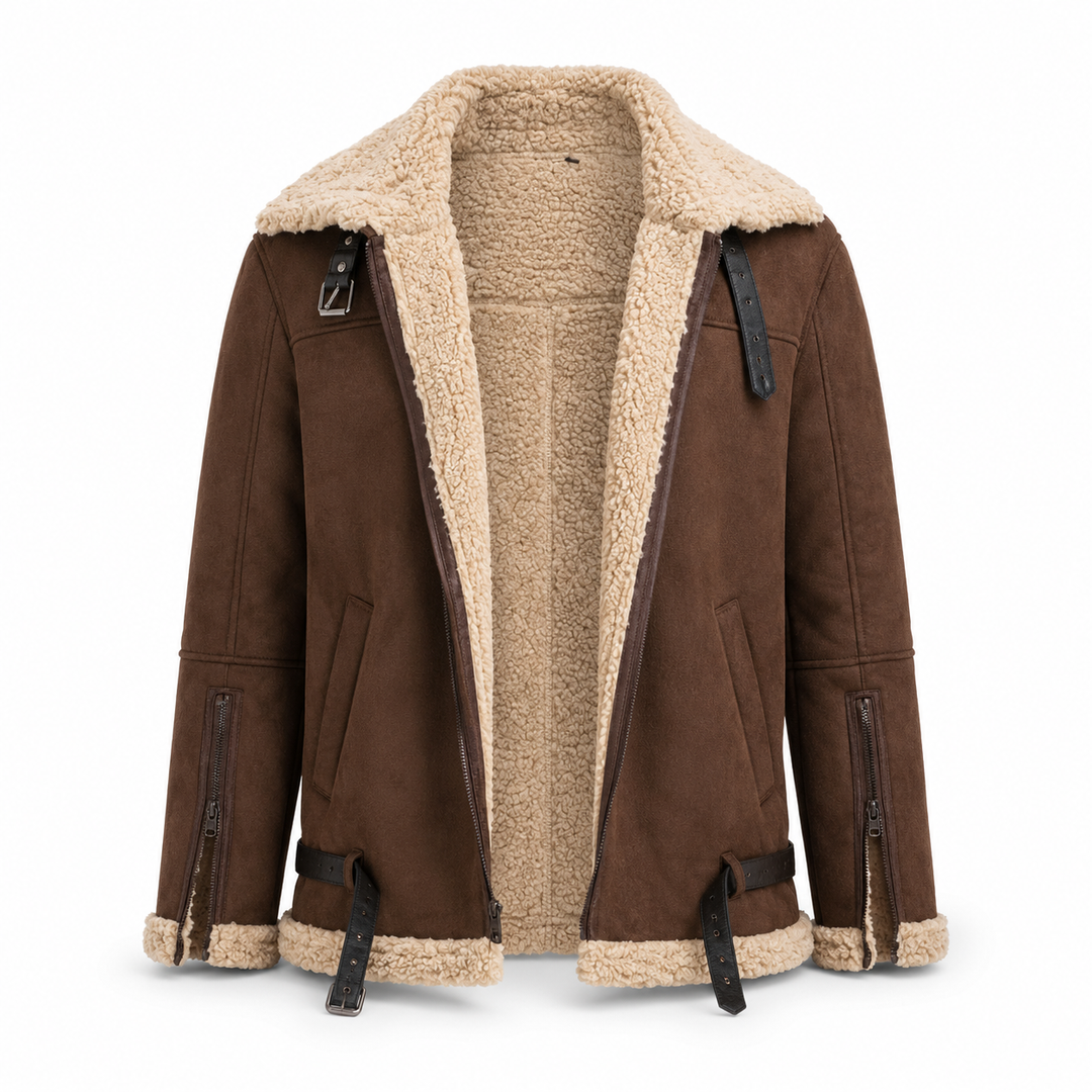 Mens suede-look jacket lifestyle shot for cold days, travel and city outfits