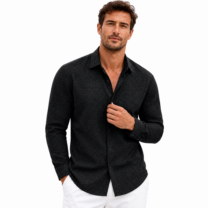 Stylish men’s long sleeve shirt showing quality construction, clean lines and an easy everyday look.