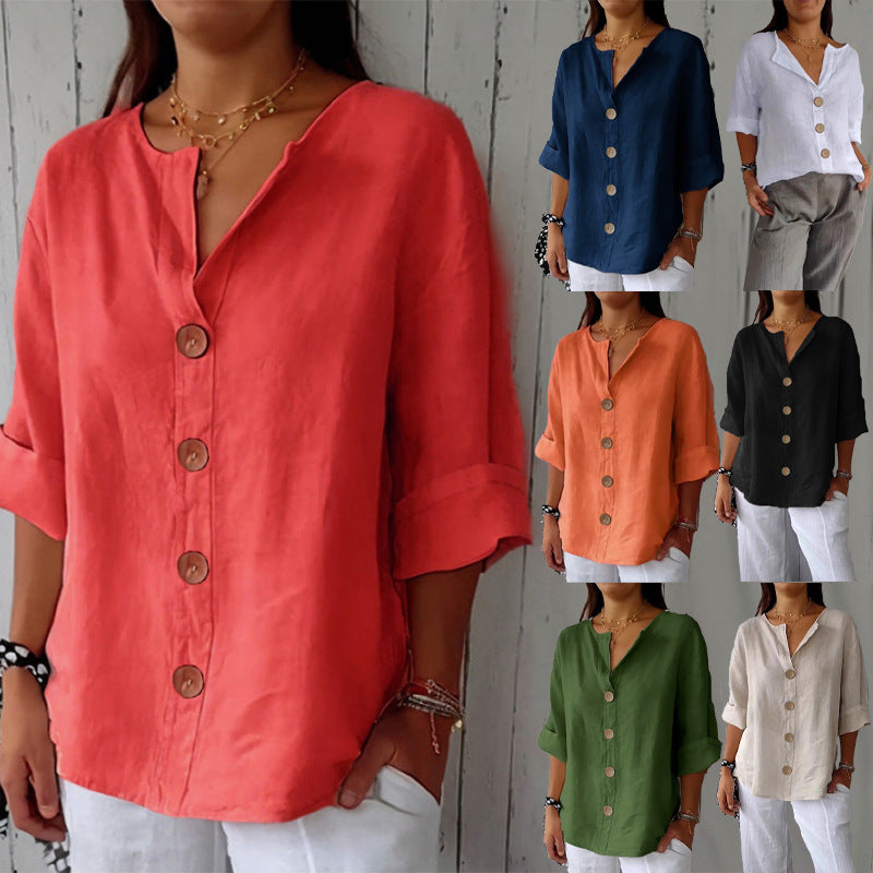 loose fit women's v-neck linen button shirt rich black color european style v-neck top white pants elegant everyday wear