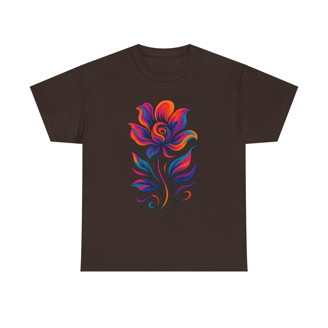 Lifestyle shot of botanical graphic tee paired with black denim for city wear