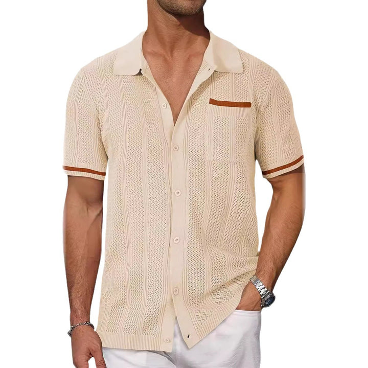 men’s striped summer cardigan shirt short sleeve side profile