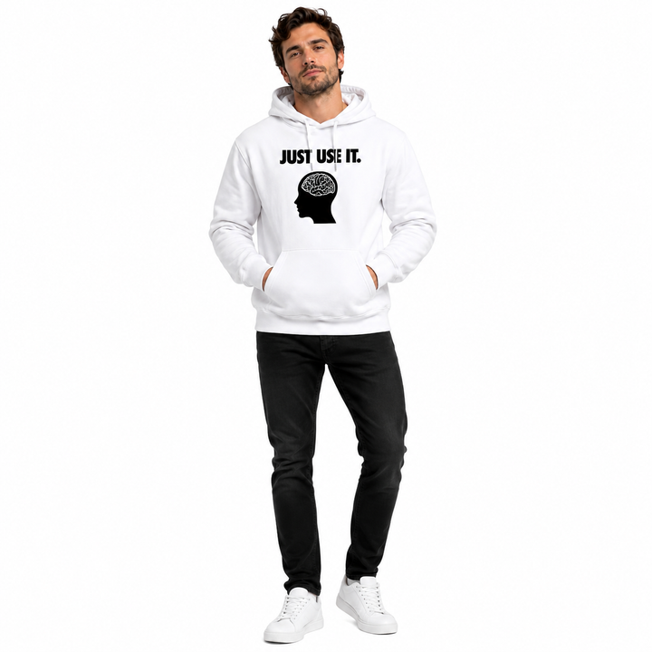 White pullover hoodie for men with brain graphic print, side seam pocket style and casual loose fit for teen wardrobe styling