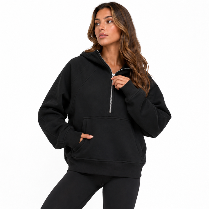 Polyester women zip hoodie with pockets and loose fit, ideal for home lounging, travel days and errands in cool weather daily