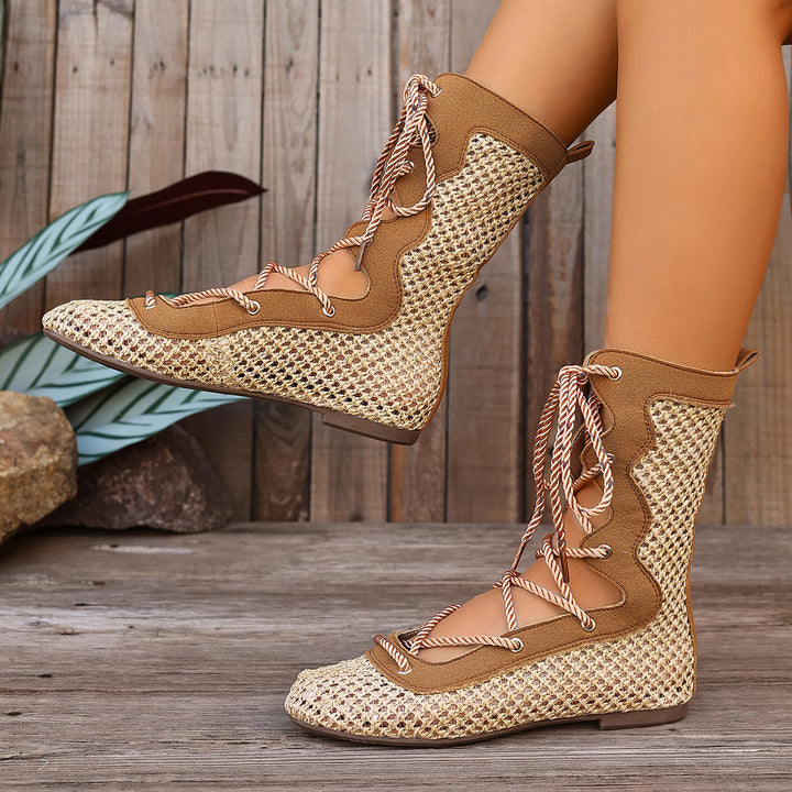 Mid Calf Boots for Women - Mesh Lace-Up Low Heel Styles