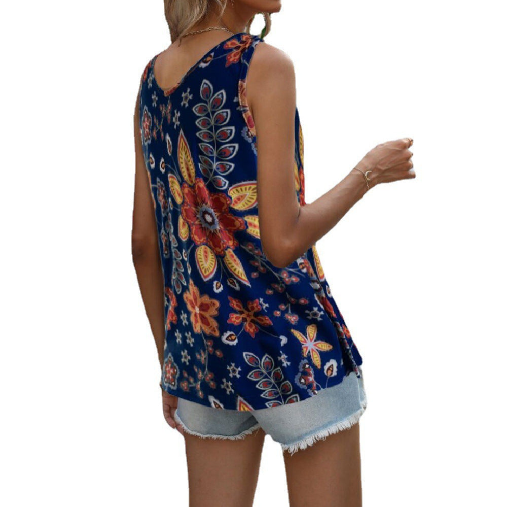 Printed sleeveless top for women in sizes S to XXL with chiffon fabric, relaxed shape, V-neckline, and pullover construction.
