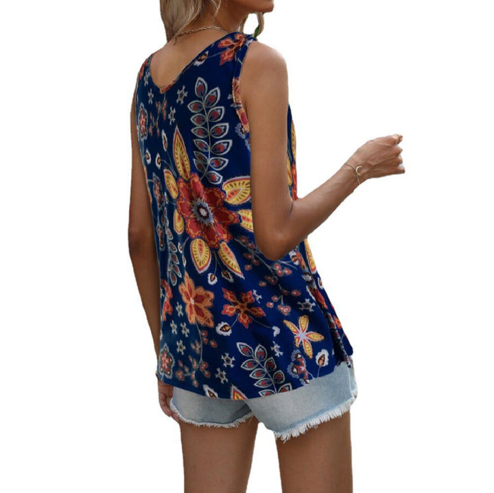 Printed sleeveless top for women in sizes S to XXL with chiffon fabric, relaxed shape, V-neckline, and pullover construction.
