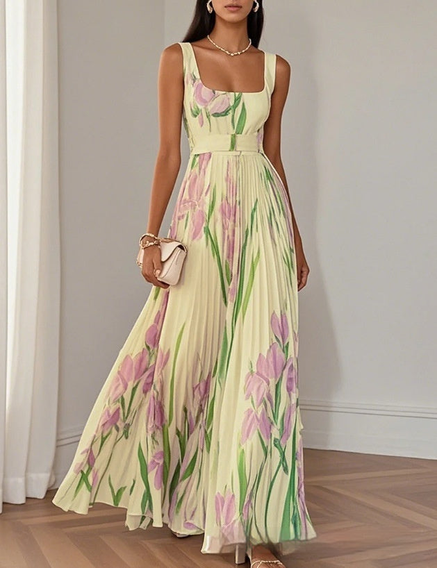 Woman wearing a floral dress with a plain background