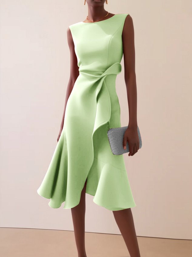 Solid-color long dress with high waist, sleeveless design and polyester material - PrintOne1 image for clear online shopping.