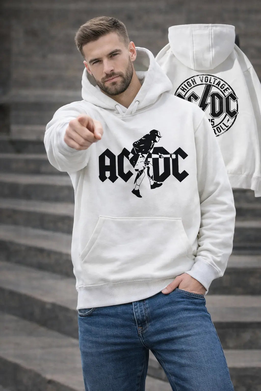 AC/DC hoodie men retro band print front view casual winter outfit