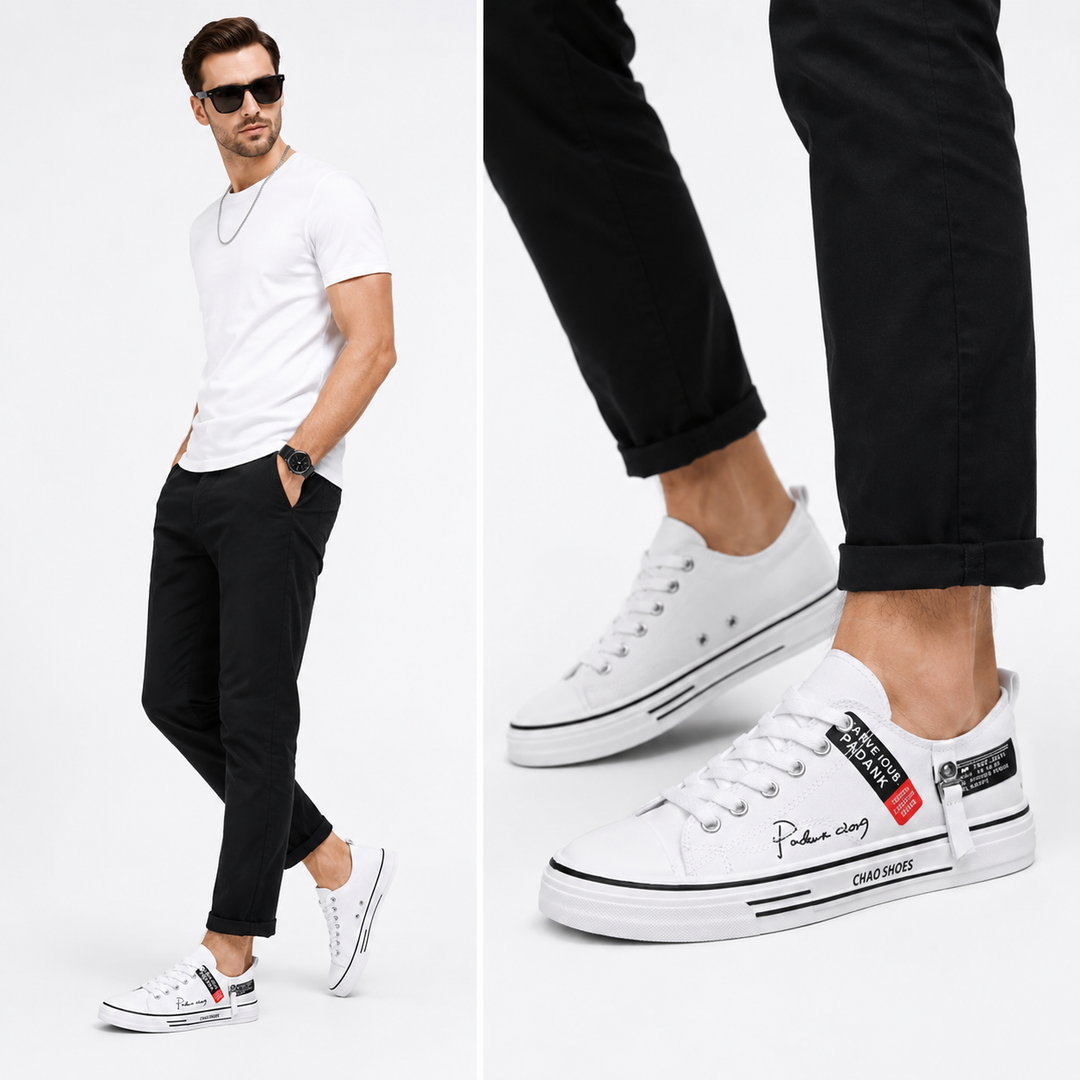 Low top canvas sneakers for men styled with jeans and relaxed streetwear