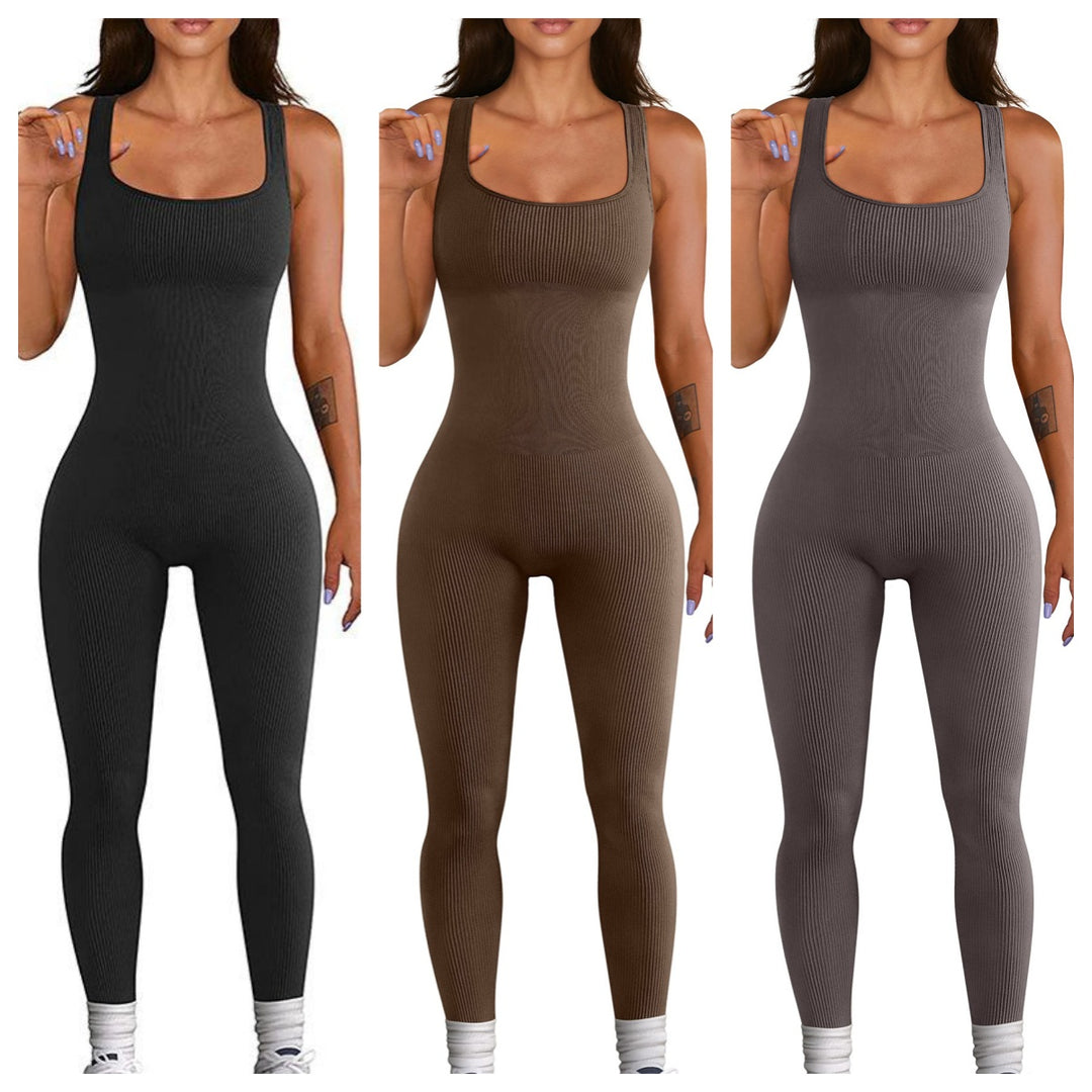 Three different color options of a ribbed jumpsuit worn by a model on a white background.