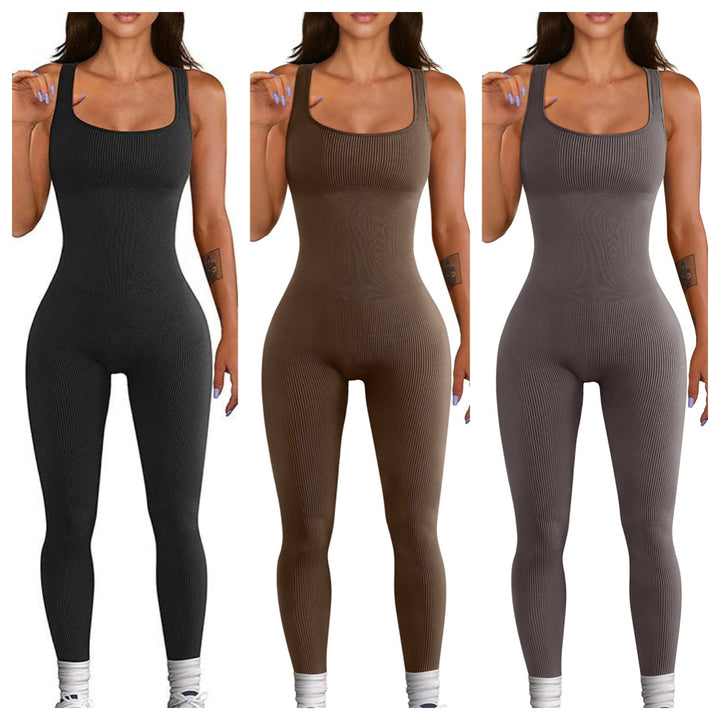 Three different color options of a ribbed jumpsuit worn by a model on a white background.