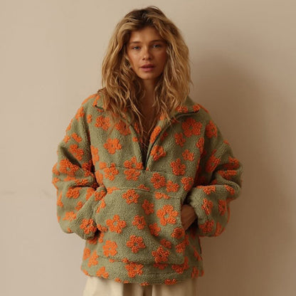 Women’s Floral Sherpa Pullover - Half-Zip, Large Pocket