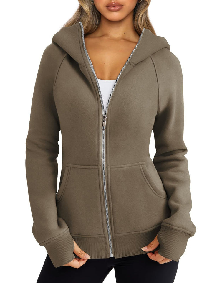 zip hoodie women casual outfit relaxed fit neutral tones