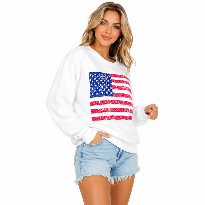 Relaxed fit patriotic sweatshirt for women with graphic front