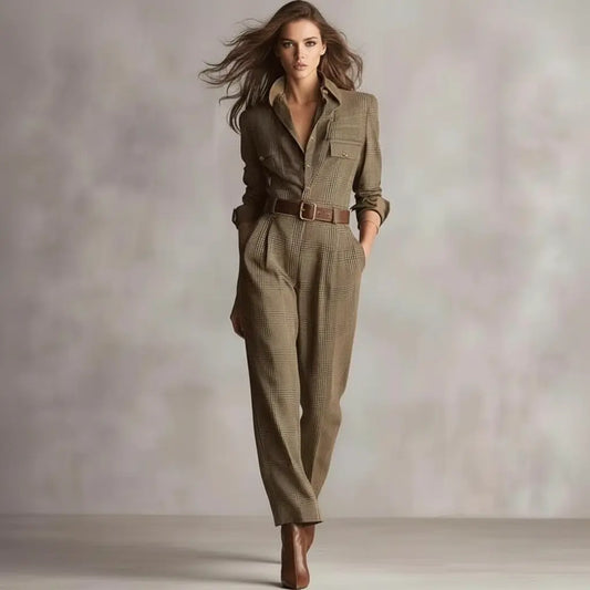 "workwear plaid jumpsuit for office with structured shoulders and tailored leg line"
