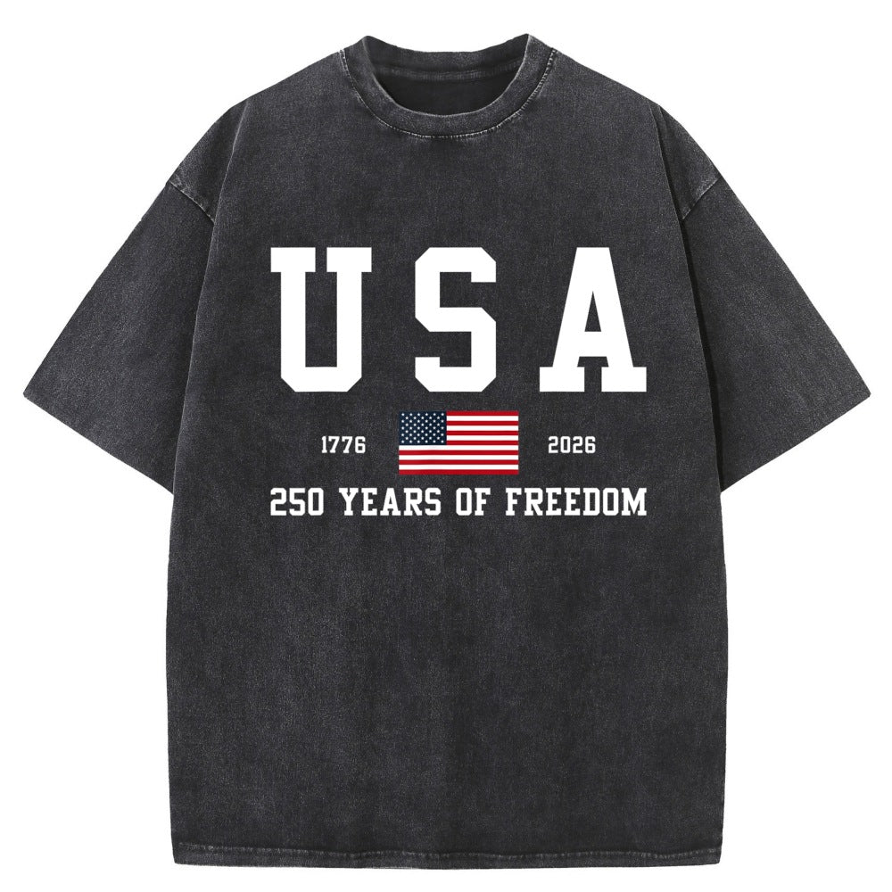 Heavyweight cotton T-shirt with 250 Years patriotic print, oversized unisex fit in washed black for casual streetwear style