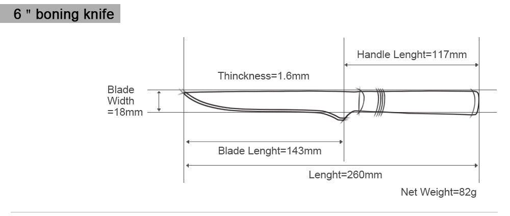 Measurement chart of a 6-inch boning knife with dimensions labeled.