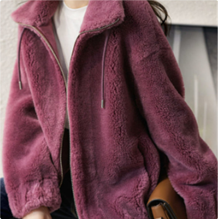 women fleece cardigan high collar detail winter layering piece