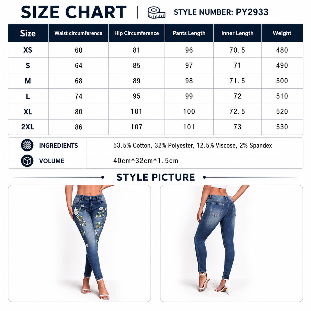 A size chart and style image for women's floral print blue jeans. The top section is a size chart table with columns for Size, Waist circumference, Hip Circumference, Pants Length, Inner Length, and Weight, listingXS through 2XL.
