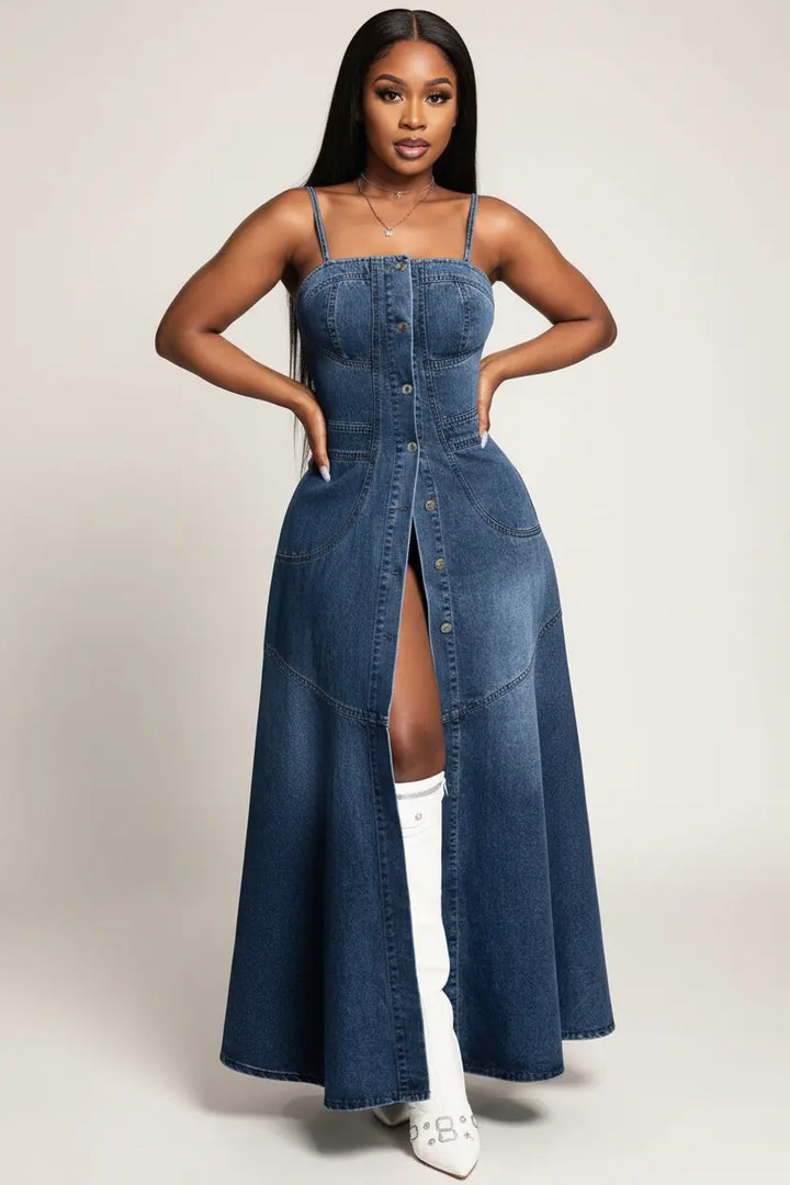 sleeveless denim midi dress back view highlighting smocked panel and smooth fit over hips in blue denim for outfits
