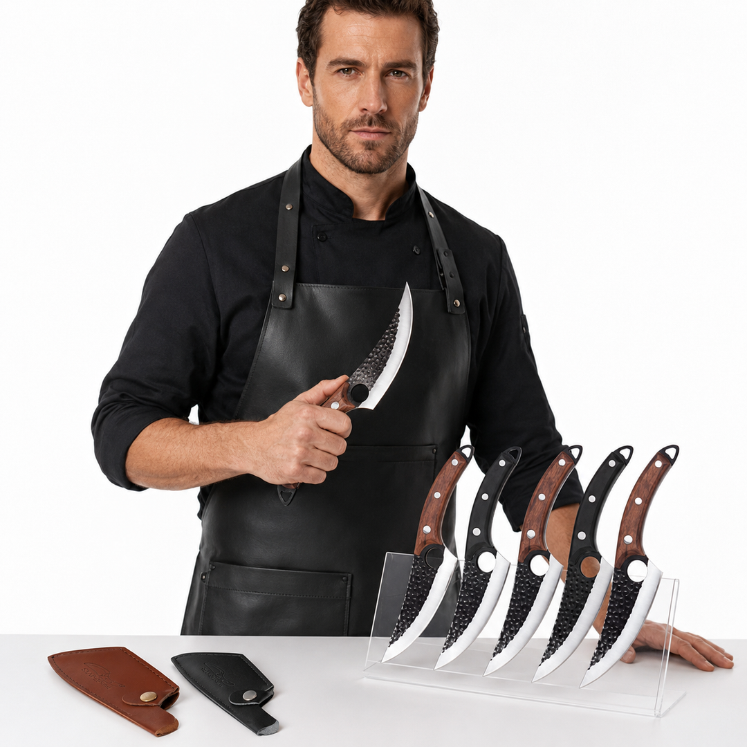Meat boning knife with hammer pattern finish and leather cover