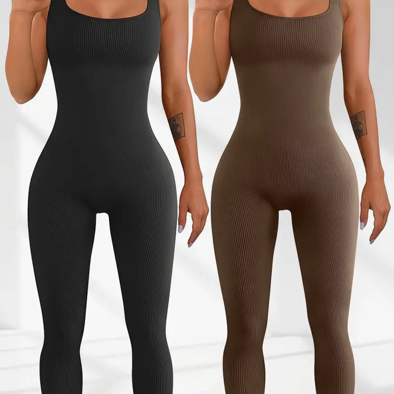 Two models wearing black and brown ribbed jumpsuits on a white background