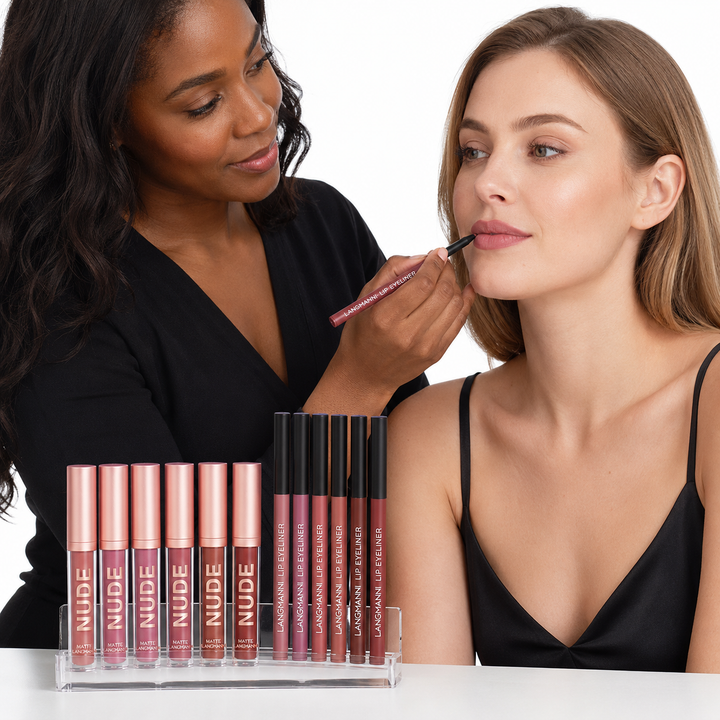Matte liquid lipstick and lip liner pen collection with six of each offered as a complete set for defined, colorful lip looks
