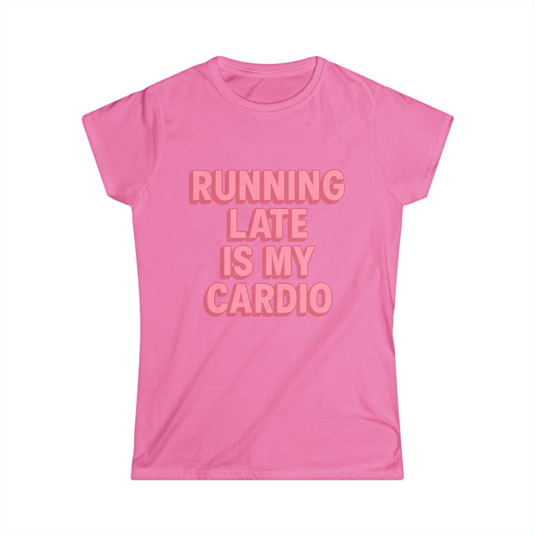 White funny running T-shirt for women with bold cardio slogan, soft cotton feel, clean crew neck, and casual workout style.