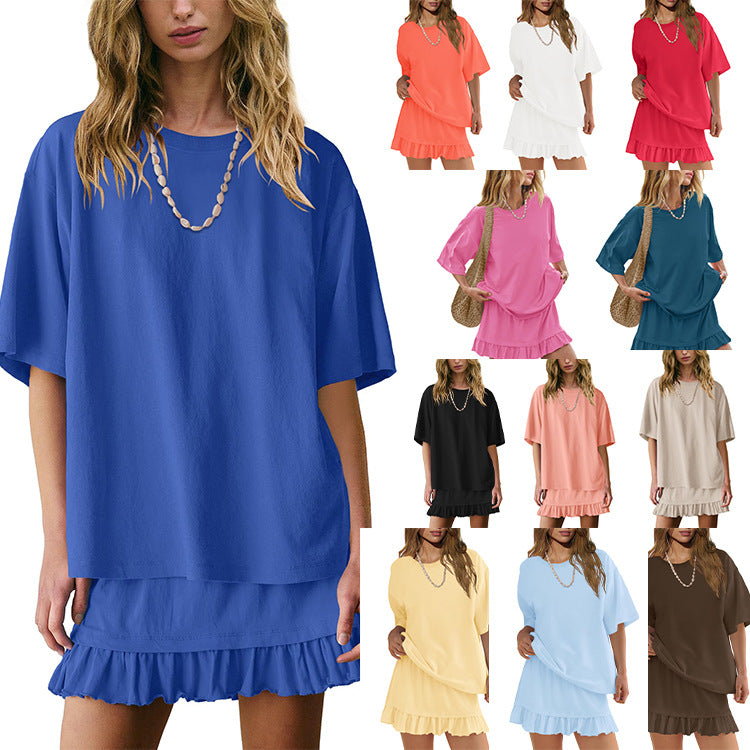 Casual women outfit set with short sleeve top and skirt in soft lightweight polyester fabric