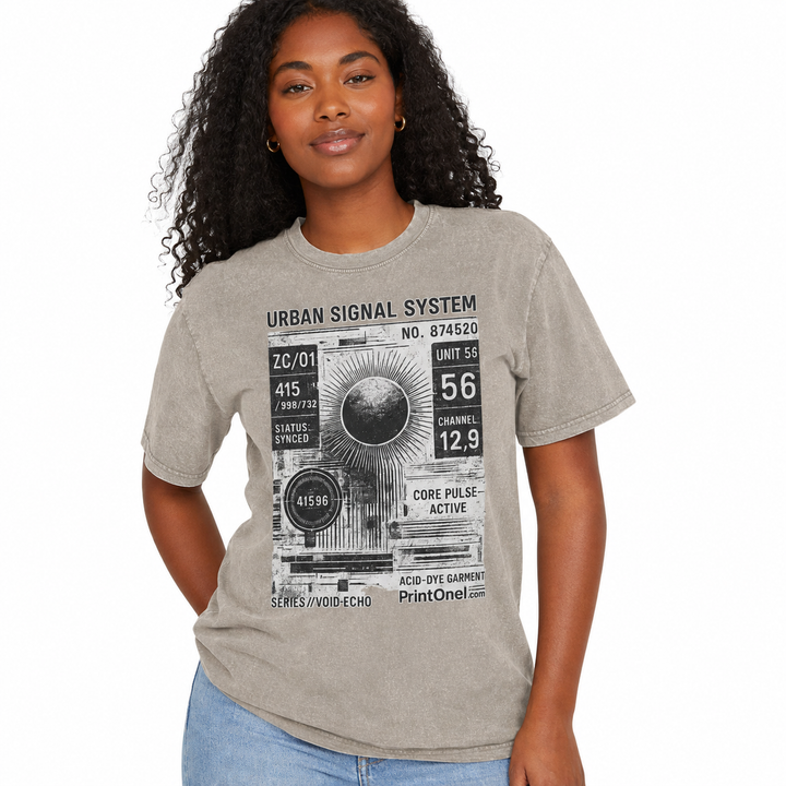 Close view of the dark khaki acid wash graphic T shirt showing the Urban Signal System print, neckline and fabric texture.